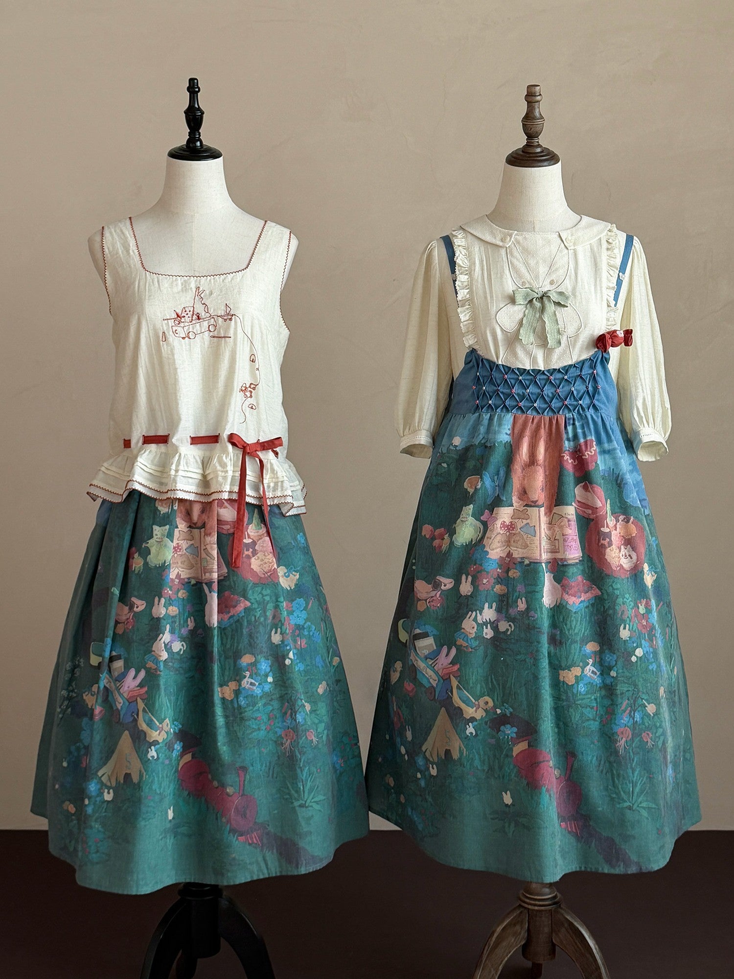 Picnic Lolita Print Vest Blouse, SK & JSK Daily Wear Outfit Set