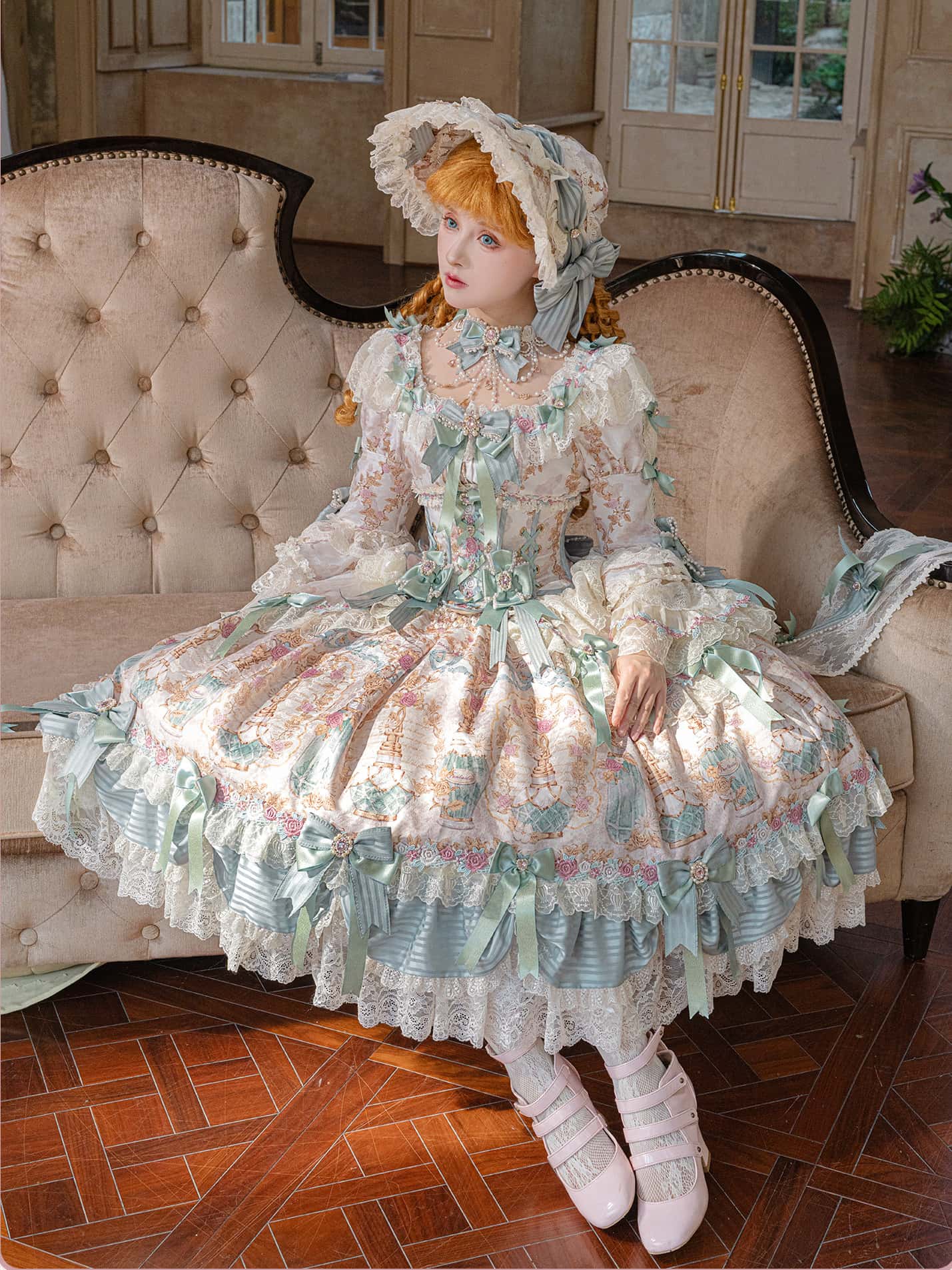 Antique Gem Fragrance Lolita Green Long Dress Set