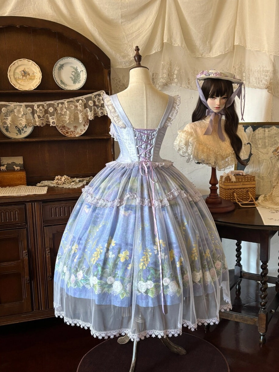 Violet‑Hued Lake Classic Oil‑Painting Printed Tulle Lolita JSK Dress