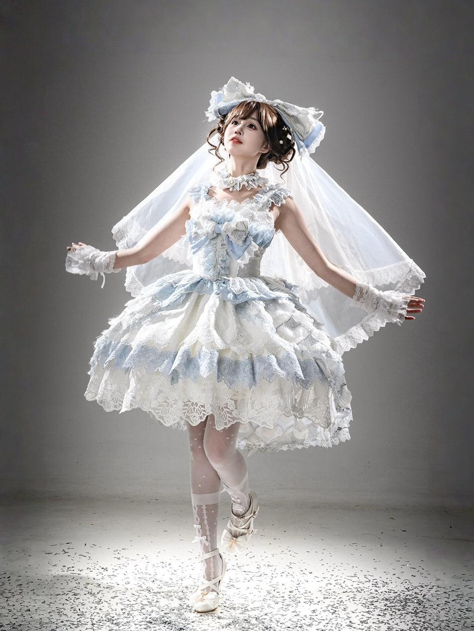 Robe JSK de mariée Lolita bleue et blanche avec motif plume de paon