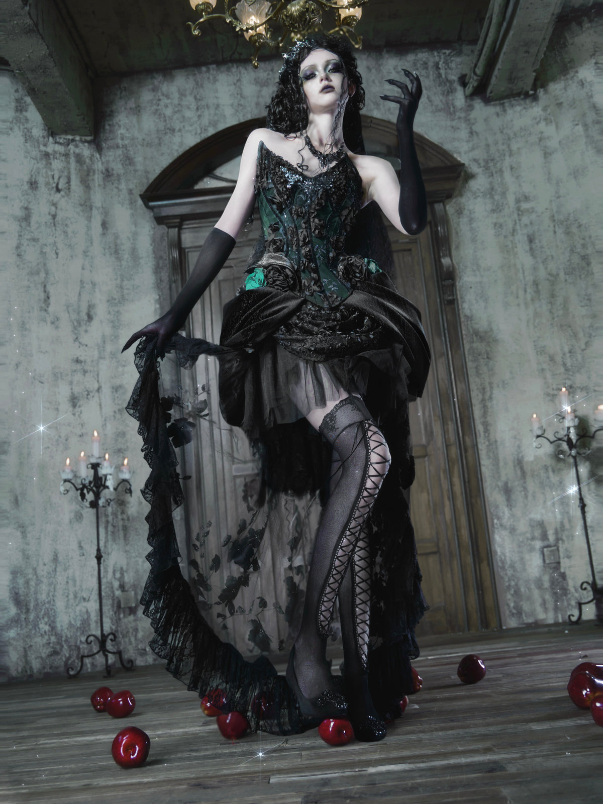 Sale at 20:00, Oct 20th. Emerald Night Gothic Halloween Imperial Green Boned Corset & Mermaid Skirt Set