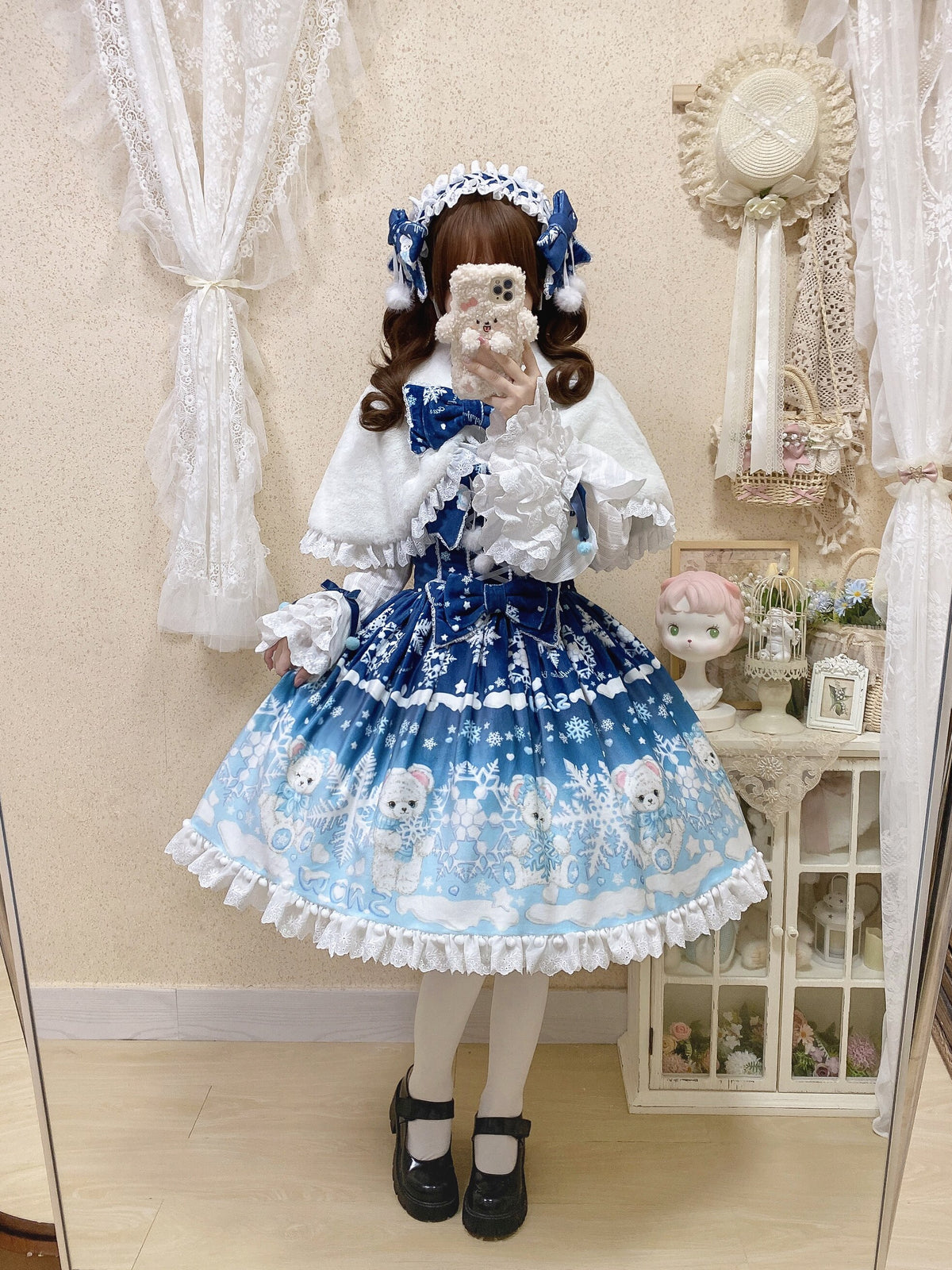Snowflake Bear Deep Blue Christmas Plush Lolita JSK Dress Set
