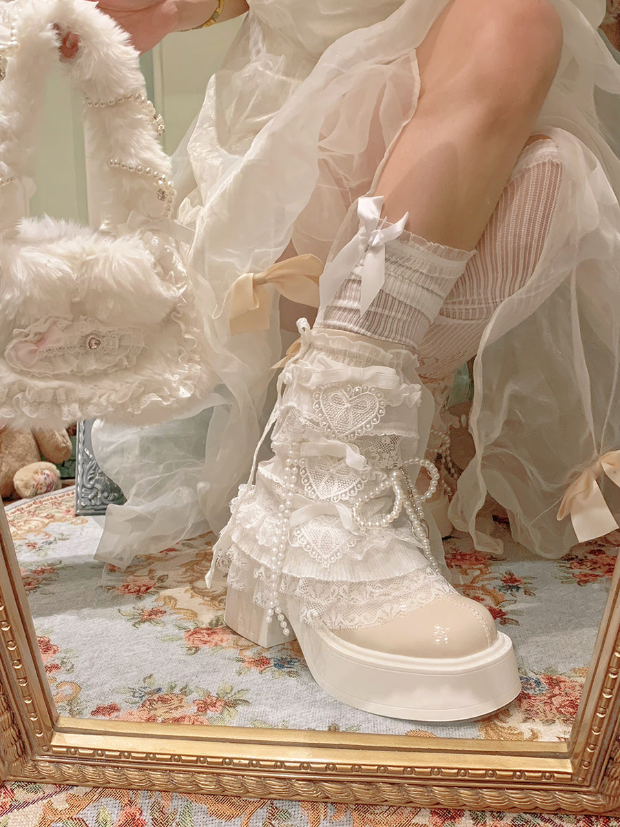 Lolita Pearl Lace Patent Leather White Ankle Boots LE5005