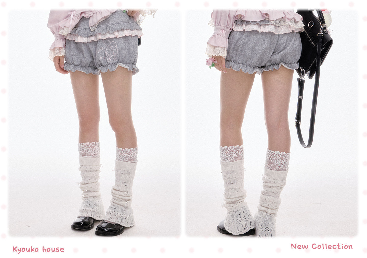 My Melody Off Shoulder Ruffle Top Gray Bloomer Shorts Set