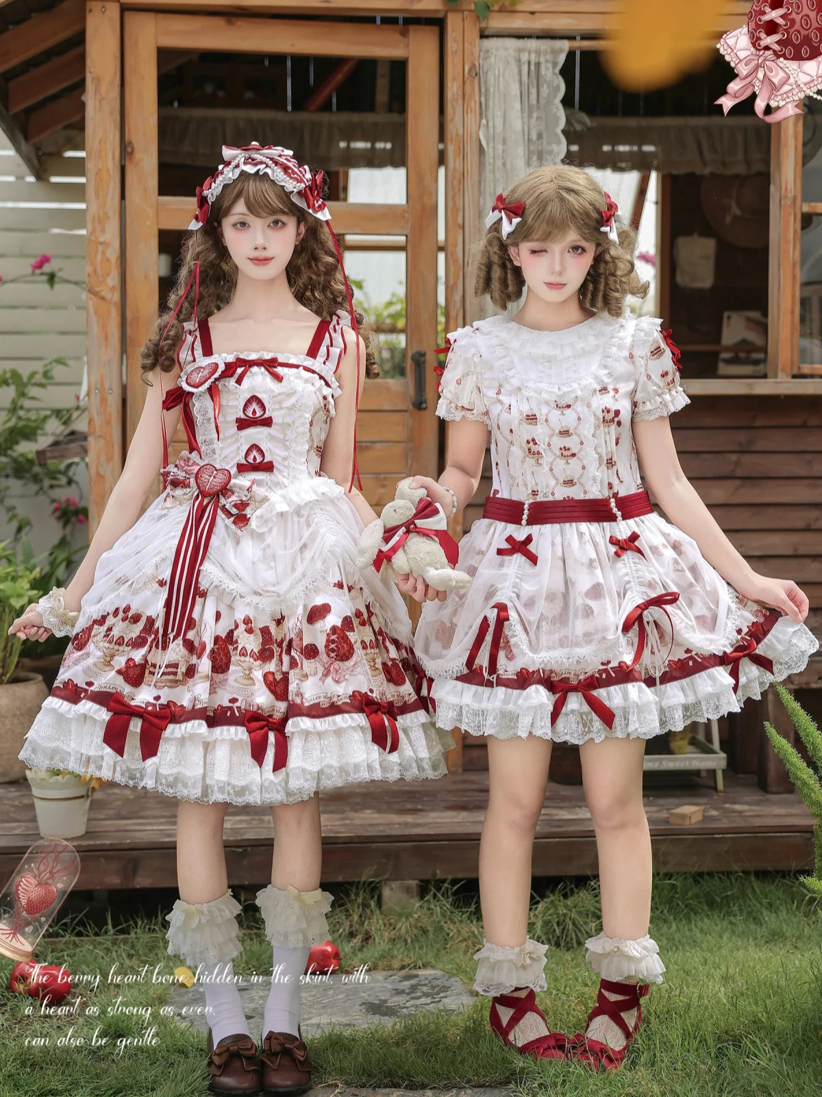 Strawberry Heart Bone White Red Gothic Lolita OP Dress or JSK