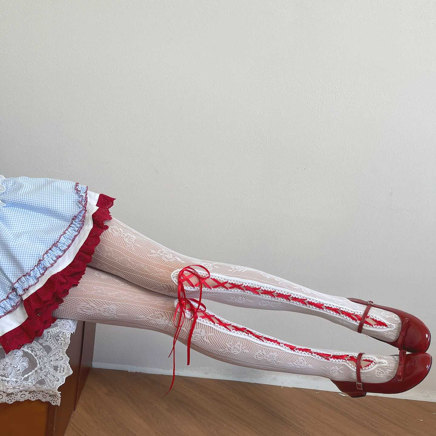 Lolita Blue Lace Ribbon Trim Long Socks LE9012