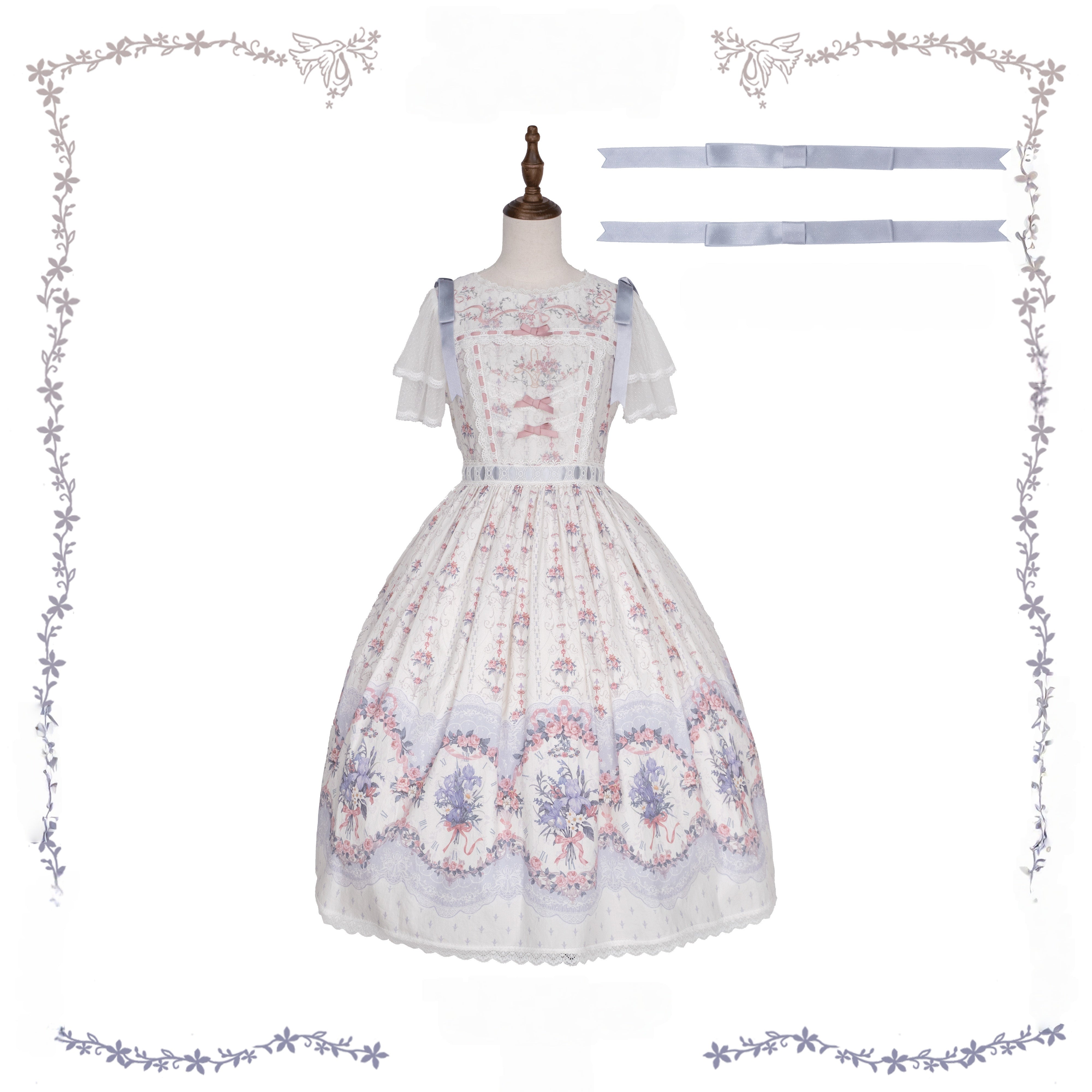 Iris Clock Lolita Flutter Sleeves Printed OP & Cut‑Work Embroidered Lapel JSK