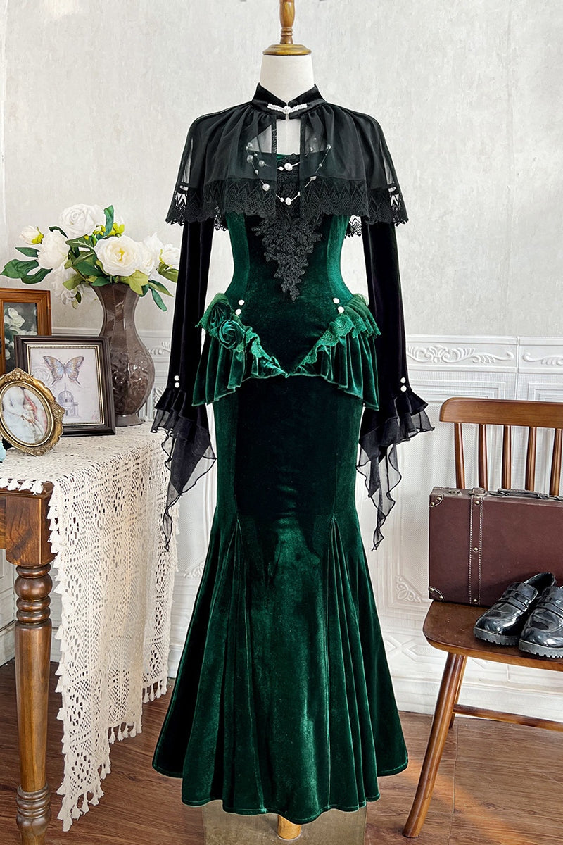 Dark Forest Green Fishtail Elegant Mature Gown Dress