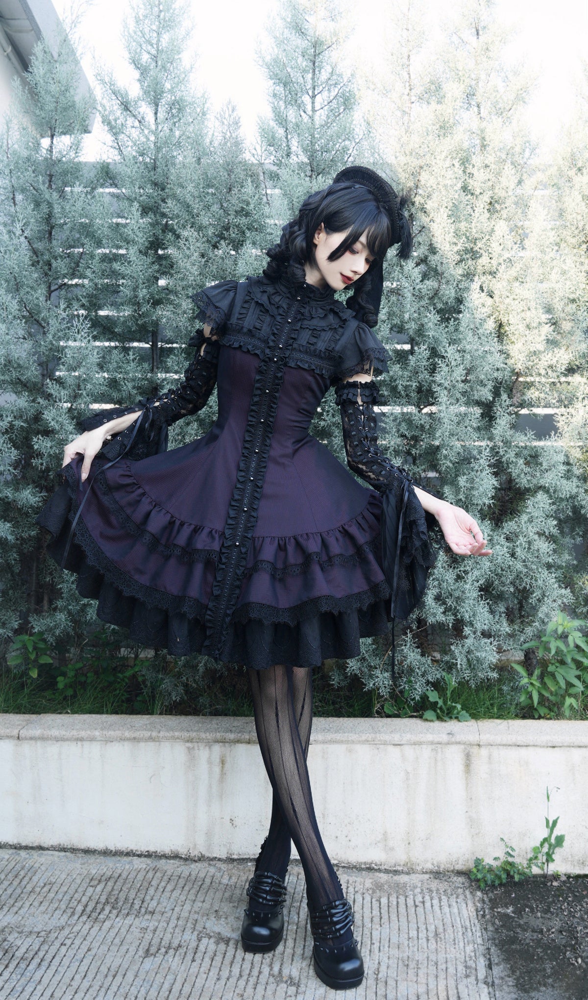 Leanna Black and Purple Gothic Lolita Cross Lace Short OP Dress