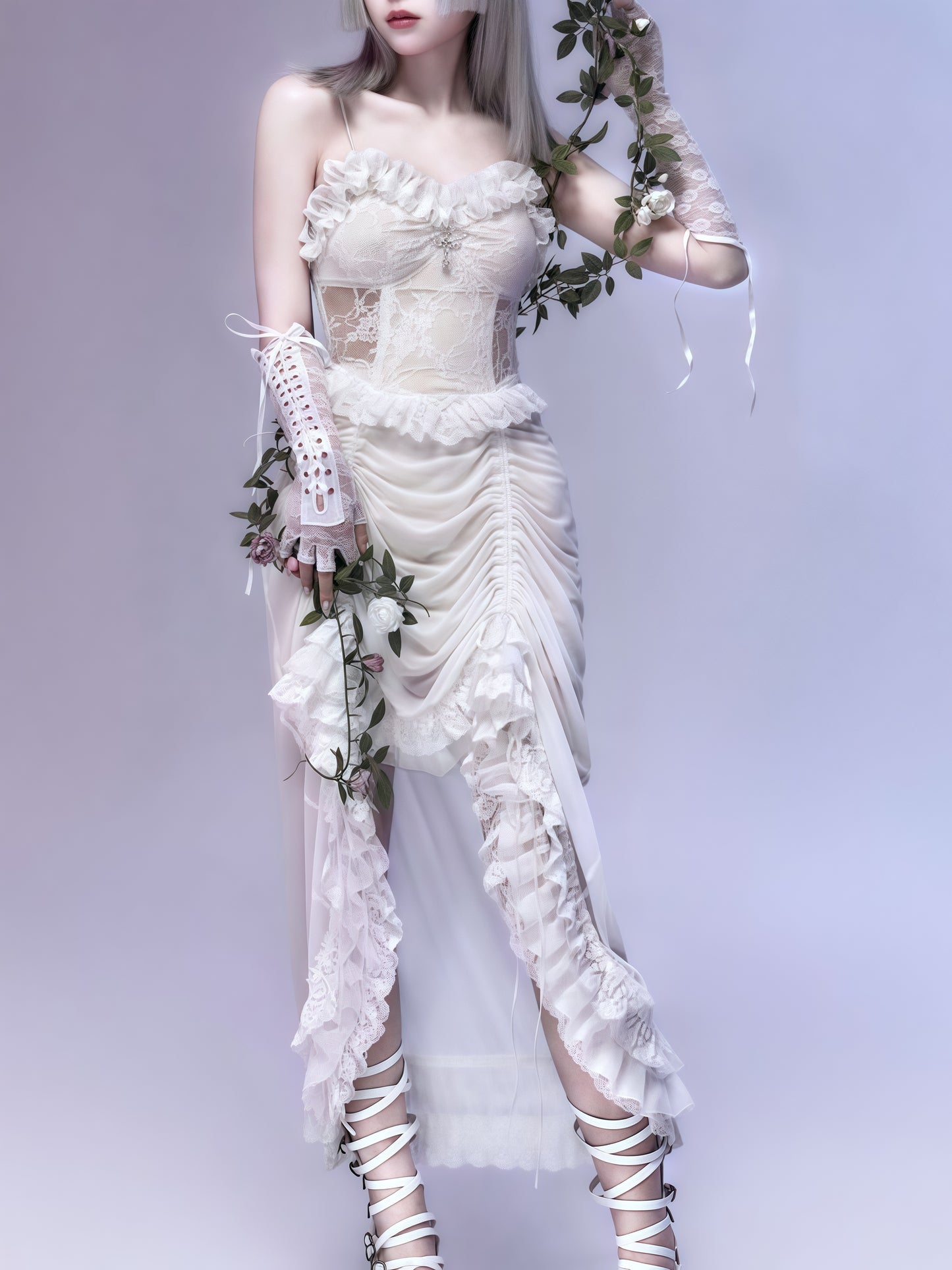 Lolita Gothic white Lace drawstring dress LG1002