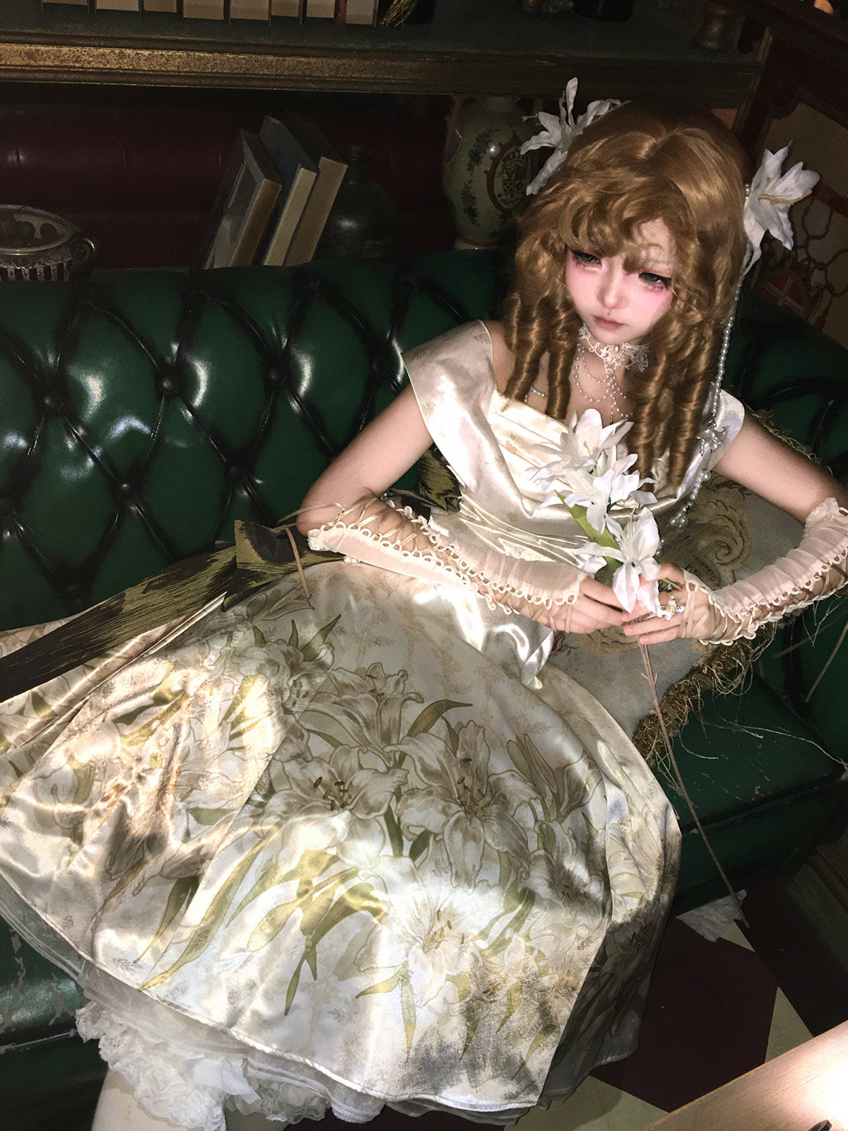 Uncharted Stars Ivory Gold Lily Print Elegant Classic Lolita Dress
