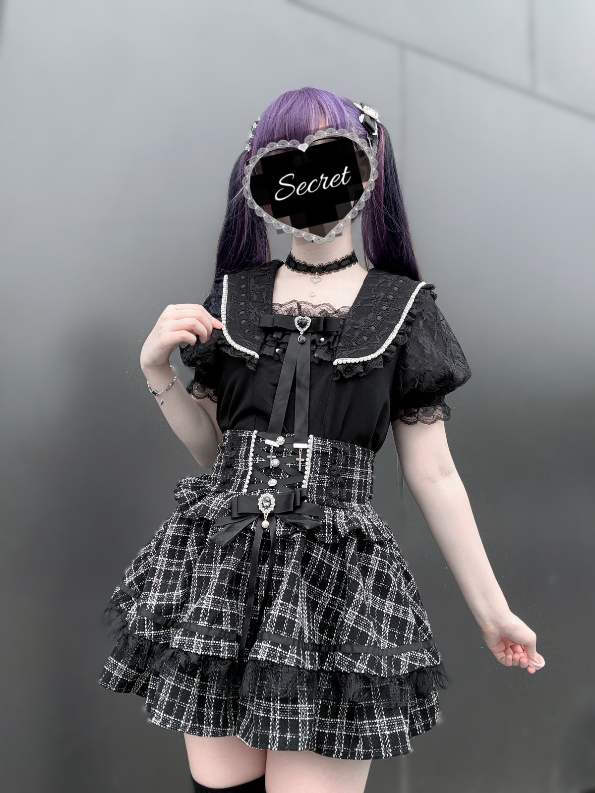 J-Style Plaid Houndstooth Lace Lolita Mini Half Skirt