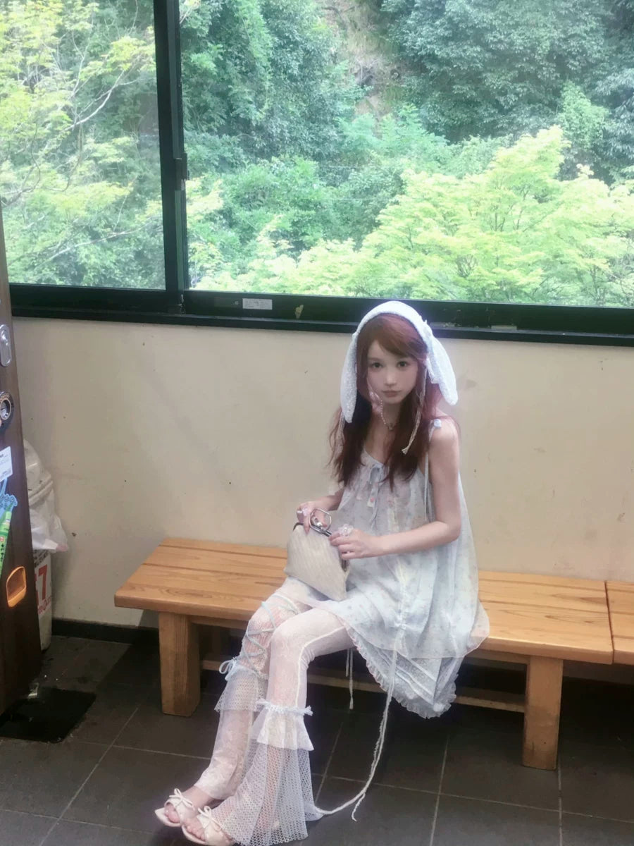 Jellyfish Pink Blue Lace Mesh Flared Pants Slip Dress Fairycore Set