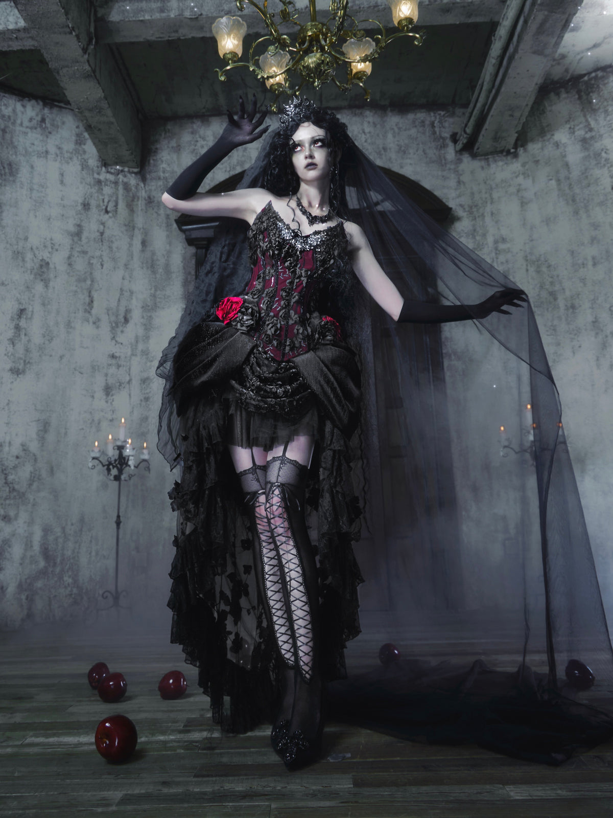 Sale at 20:00, Oct 20th. Emerald Night Gothic Halloween Pomegranate Red Boned Corset & Train Skirt Set