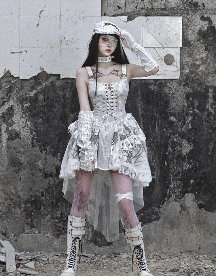 Lolita White Tie-Dye Punk Suspender Dress LG1020