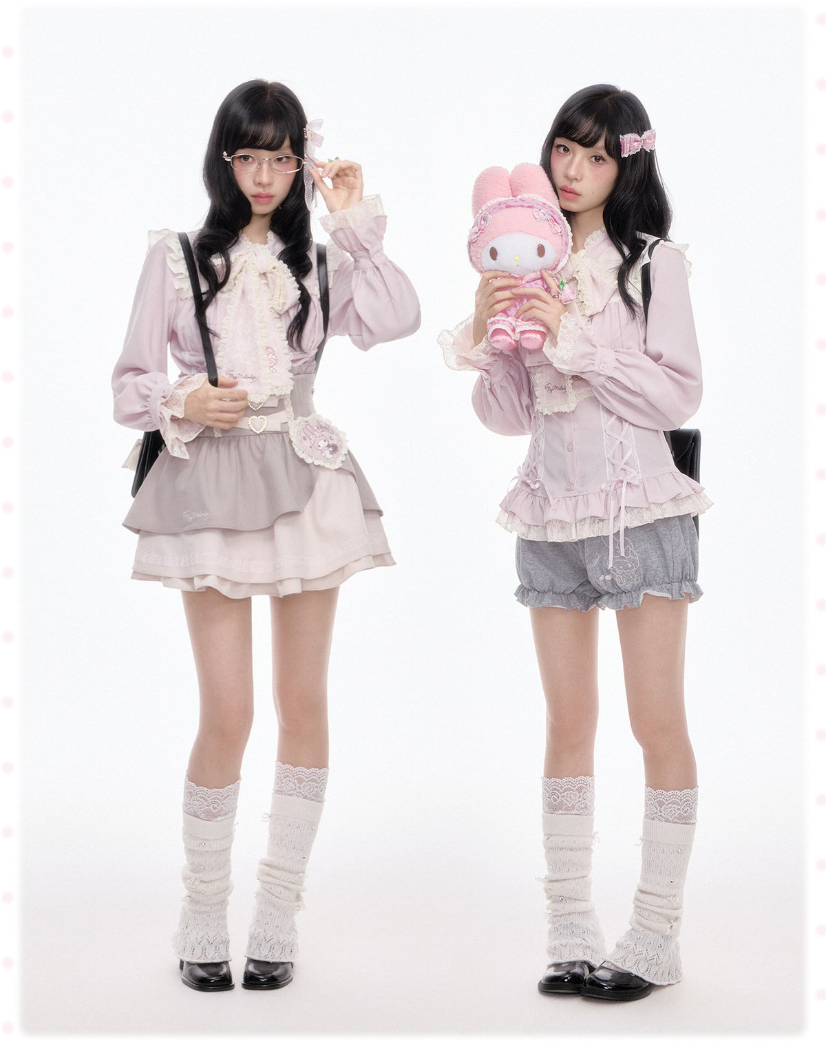 My Melody Corset Lace Ruffle Blouse Gray Tiered Skirt Bloomer Shorts Set