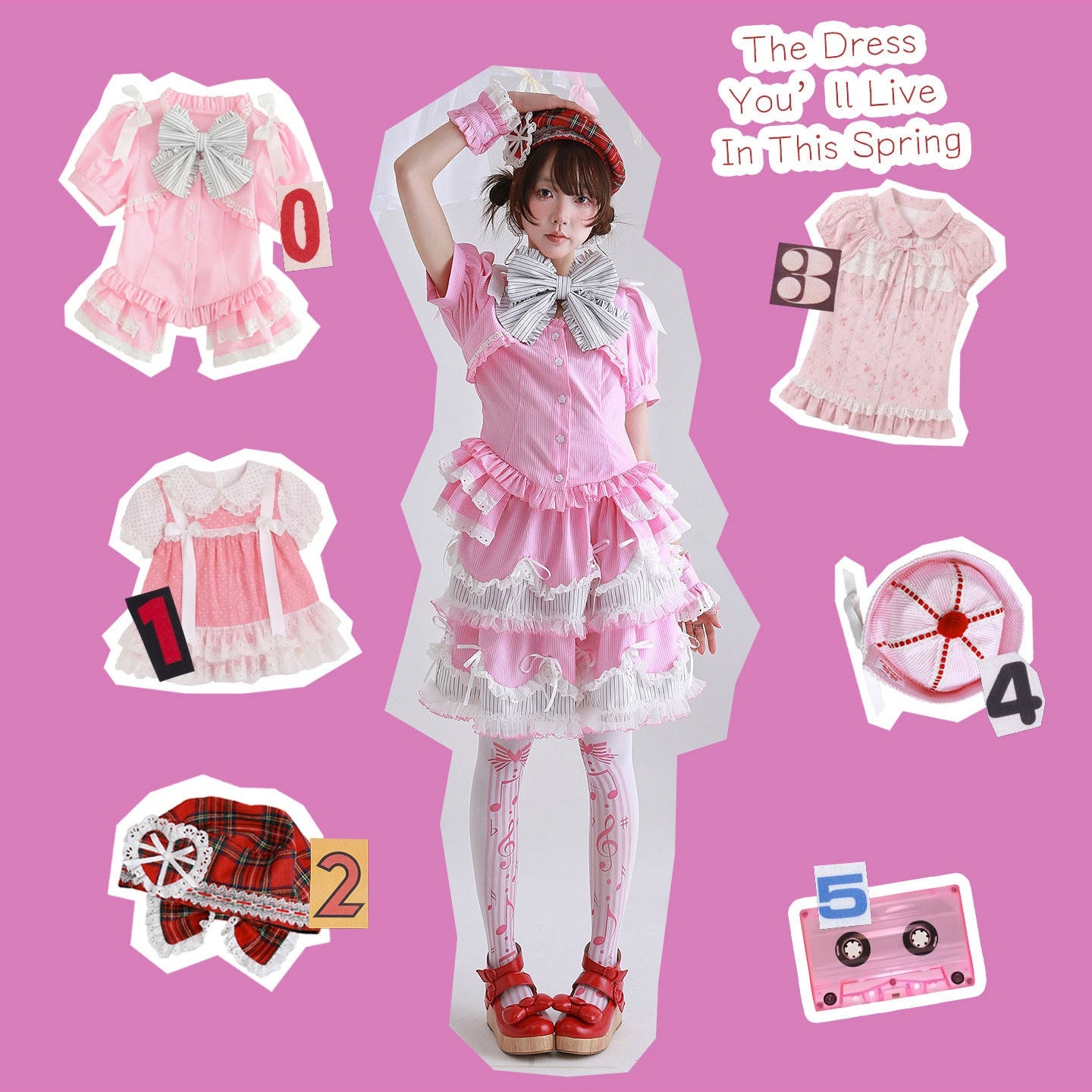 Candy Cottage Showa Retro Pink Striped Set