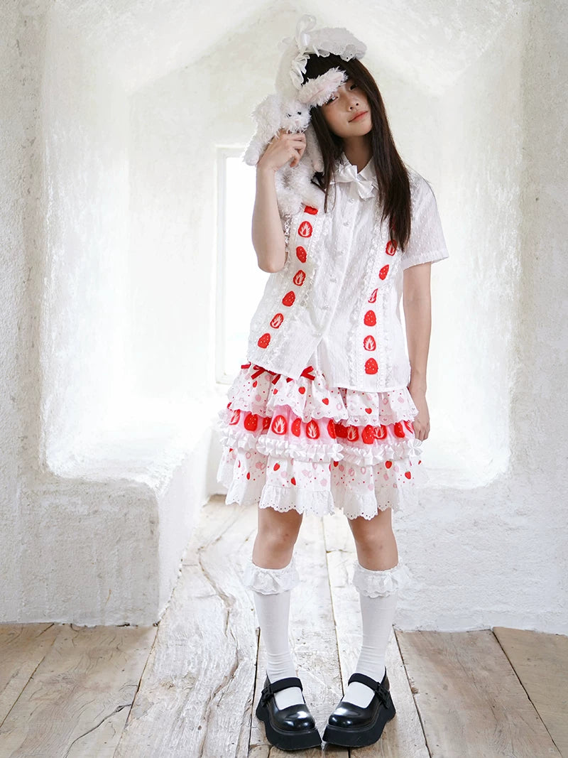 Strawberry Scent Cake Cross-section Print Lace Short Skirt