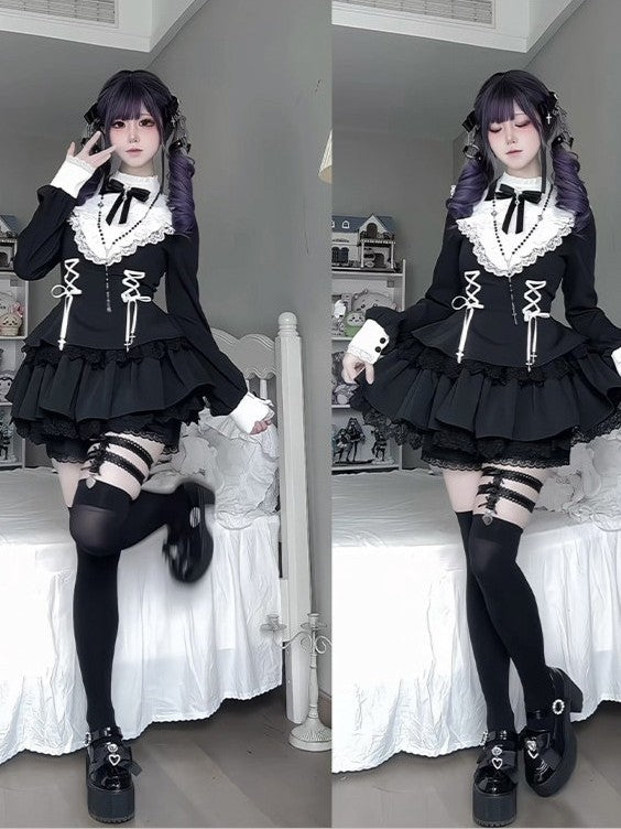 Gothic Sweet Lace Ruffle Cross Lace-Up Long Sleeve Lolita OP Dress with Shorts