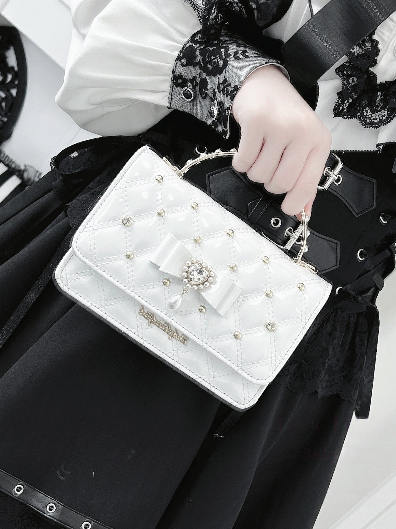 True Love Arrives Pearl Bow Heart Quilted Lolita Box Crossbody Bag
