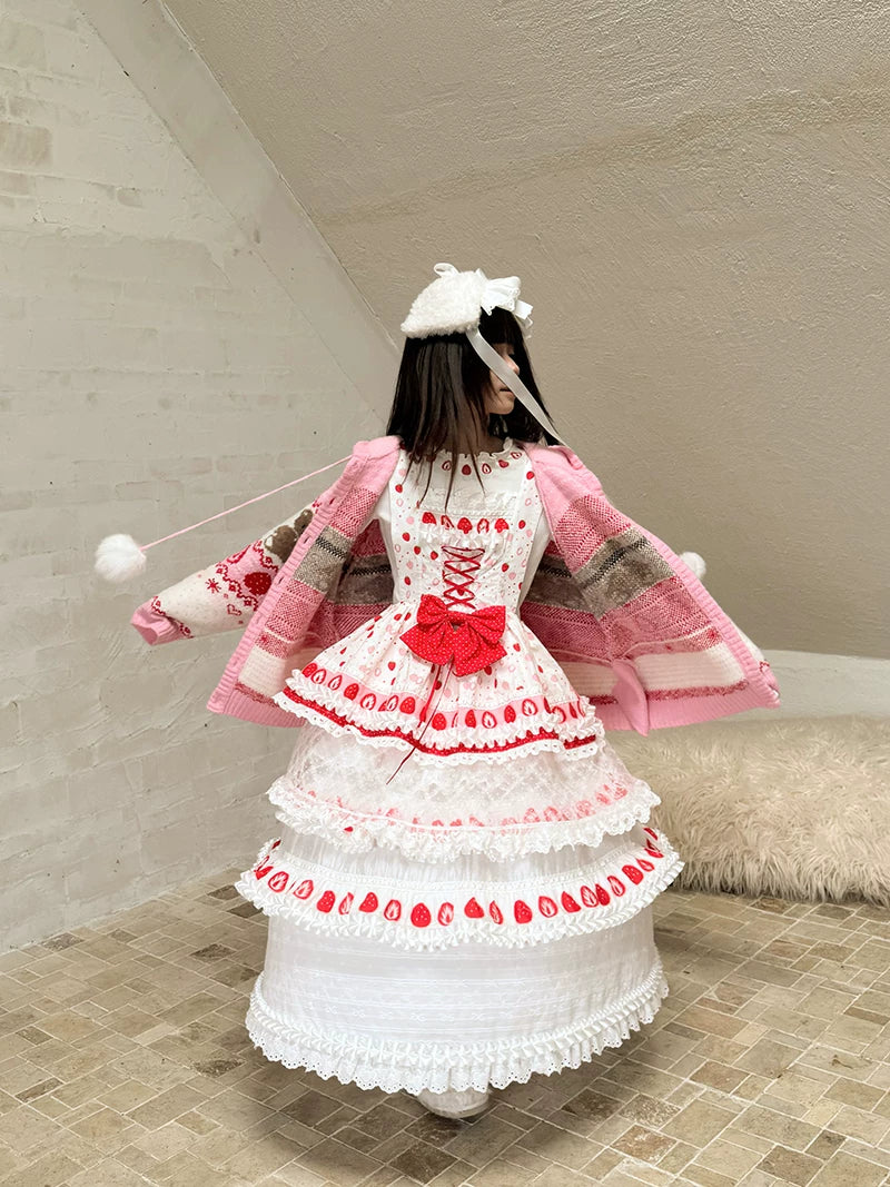 Strawberry Scent Cake Cross-section Print Lace Long Skirt