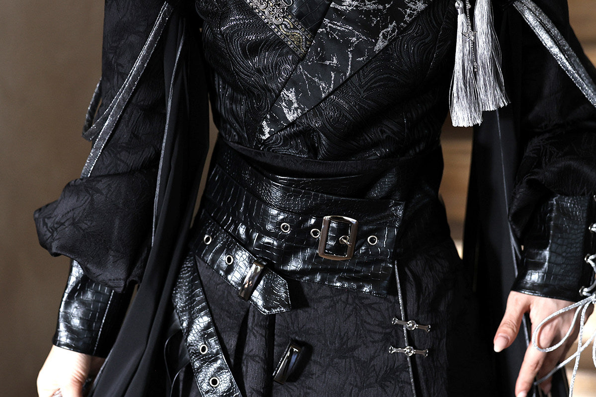 Shadow Dragon Black Silver Dragon Embroidery Oriental Hanfu Modern Set