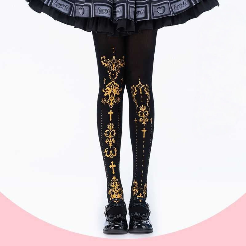 Lolita Gold Foil Cross Print Gothic Tights LE9015