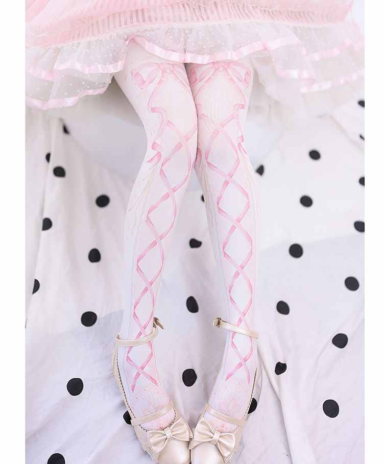 Lolita Sweet Printed Bow and Ribbon Pattern 120D Tights