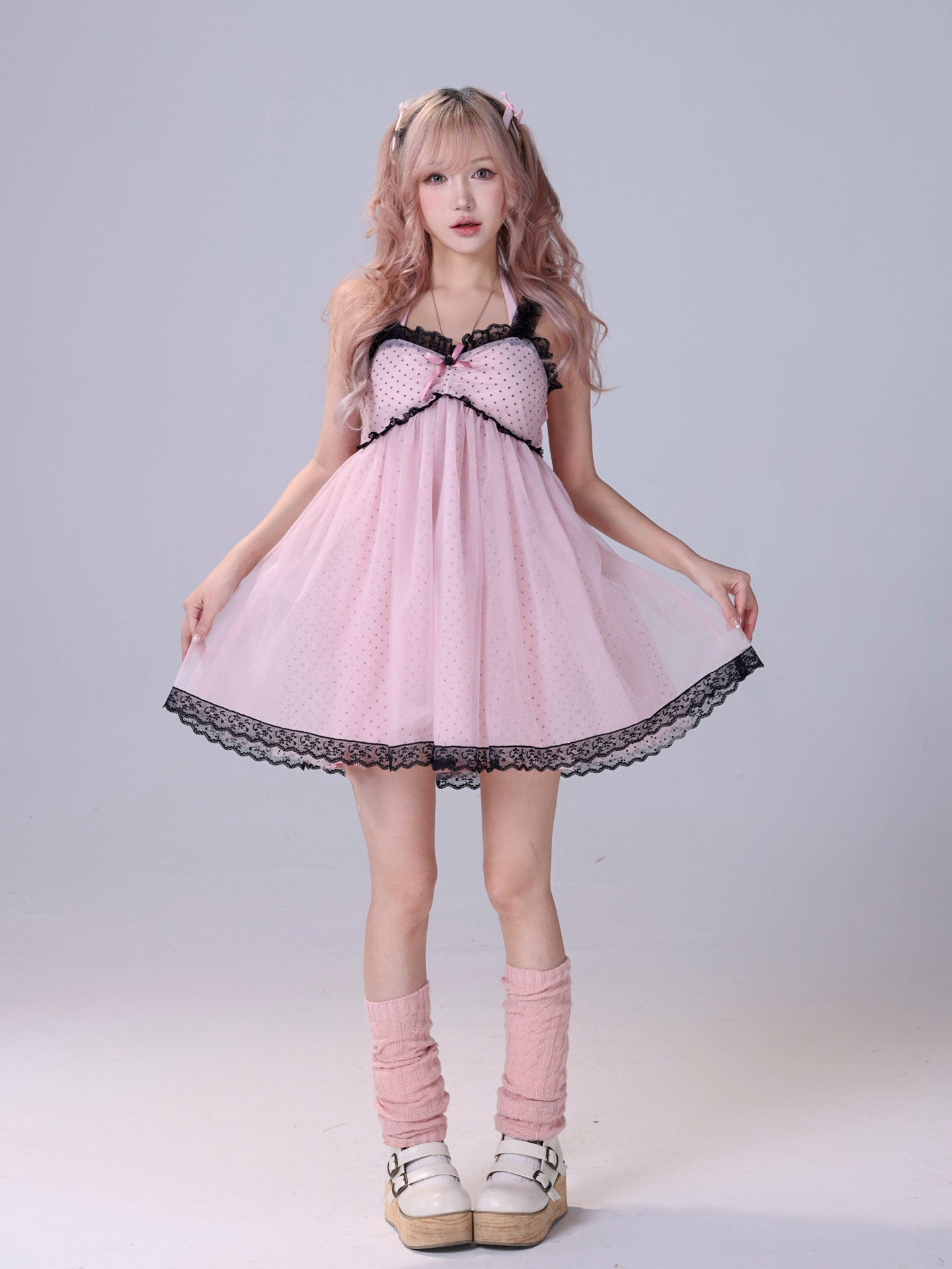 Black Pink Polka Dot Lace Cami Dress