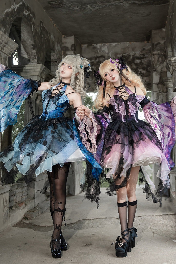 Robe Lolita Gothique Bleue JSK Papillon Feuille Morte 1.0
