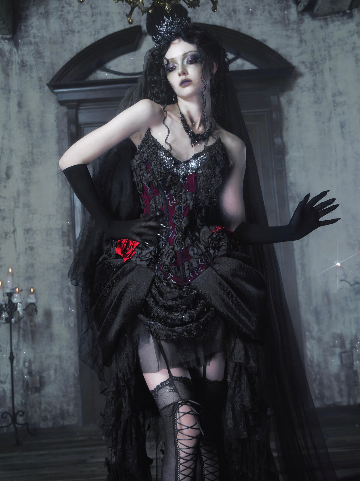 Sale at 20:00, Oct 20th. Emerald Night Gothic Halloween Pomegranate Red Boned Corset & Train Skirt Set
