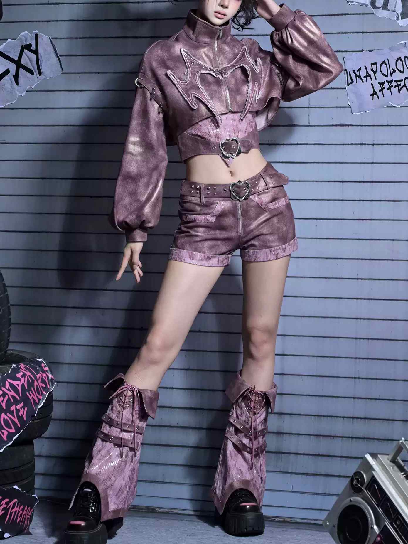 Y2K Edgy Rivet Denim Set with Leg Harness LE1021