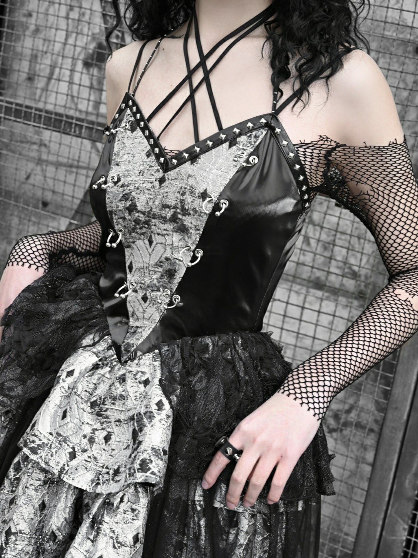 Lolita Punk Halter Dress with PU Leather Fishnet LG1017