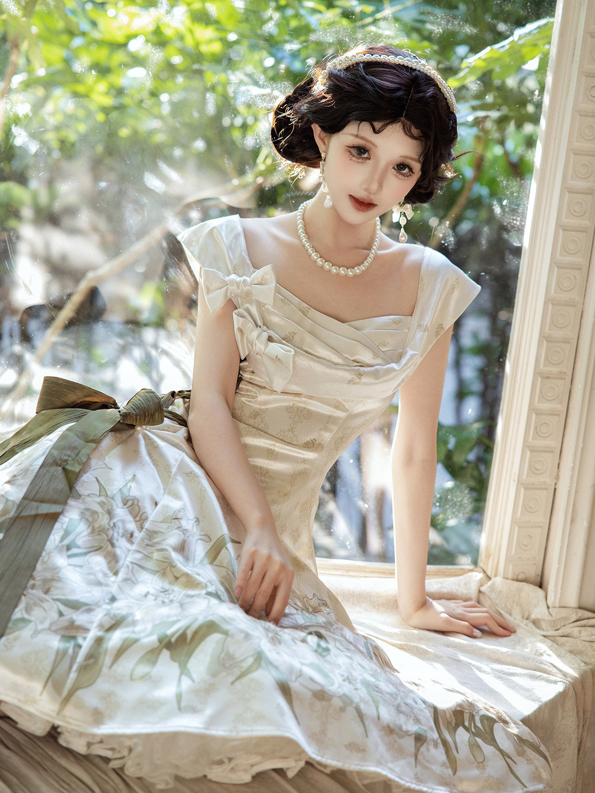 Uncharted Stars Ivory Gold Lily Print Elegant Classic Lolita Dress