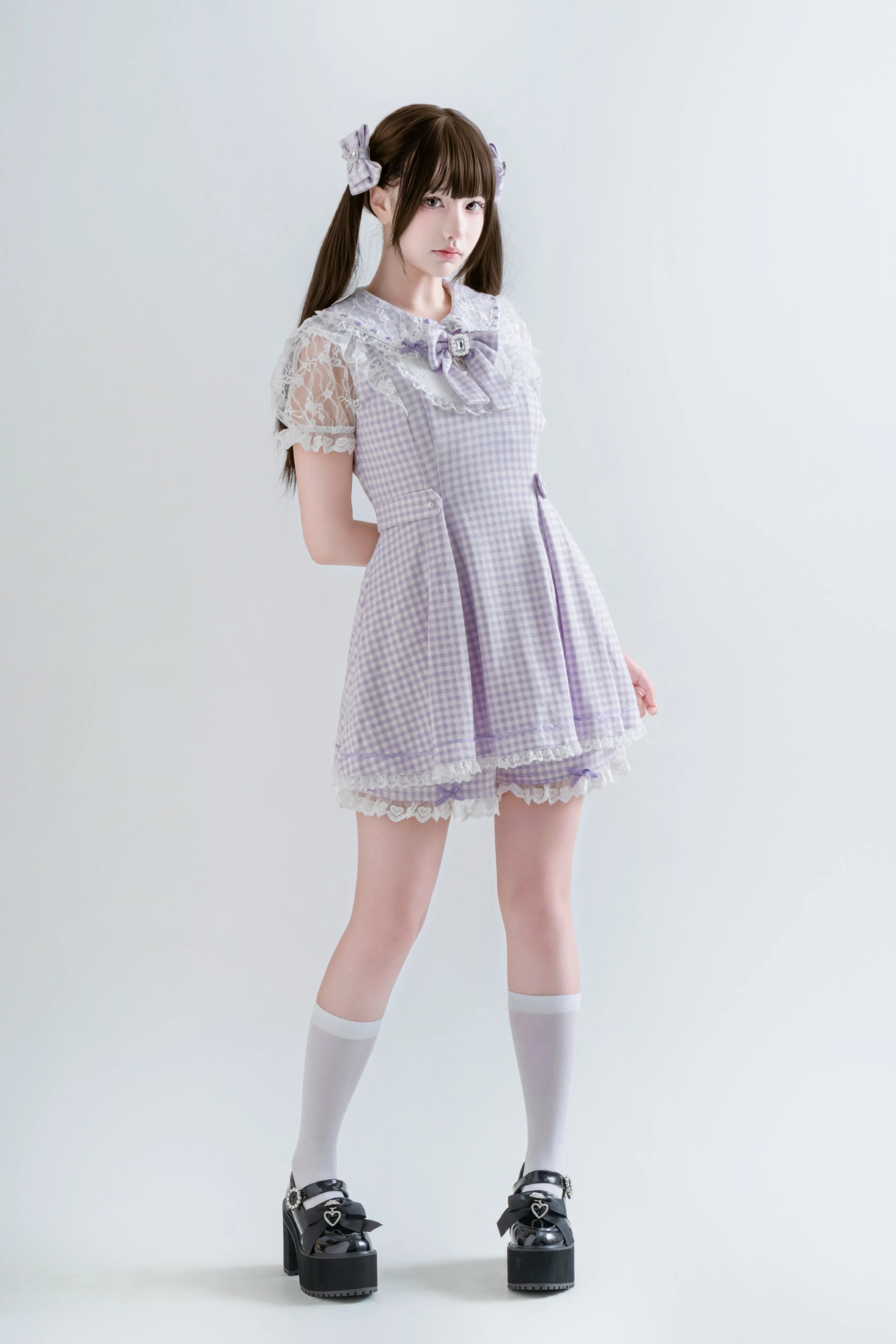 Kisskiss Two-Tone Plaid Lace Sweet Ryōsangata Cute Outfit Set