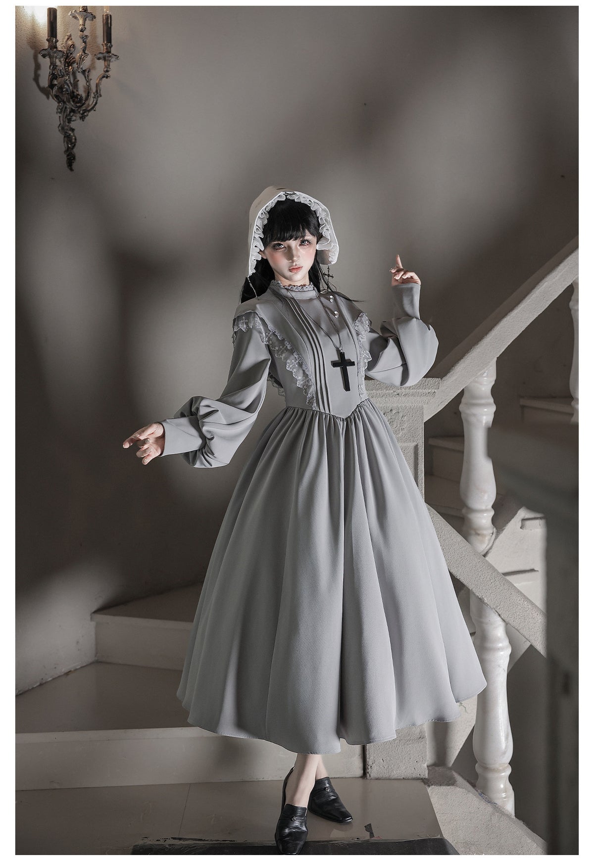 Moon Phase Lolita Gothic Lace High Collar Apron OP Dress