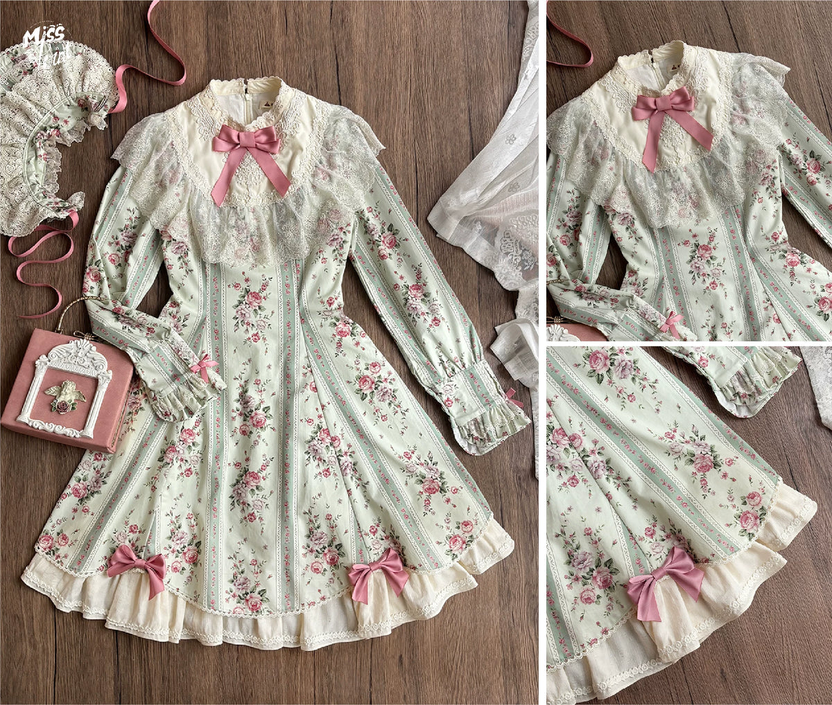Susans Garden Pastel Floral Long Sleeve Lolita OP Dress Set