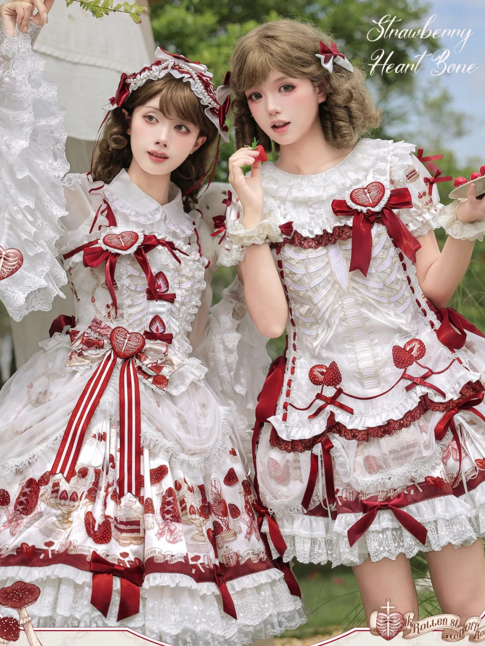 Strawberry Heart Bone White Red Gothic Lolita OP Dress or JSK