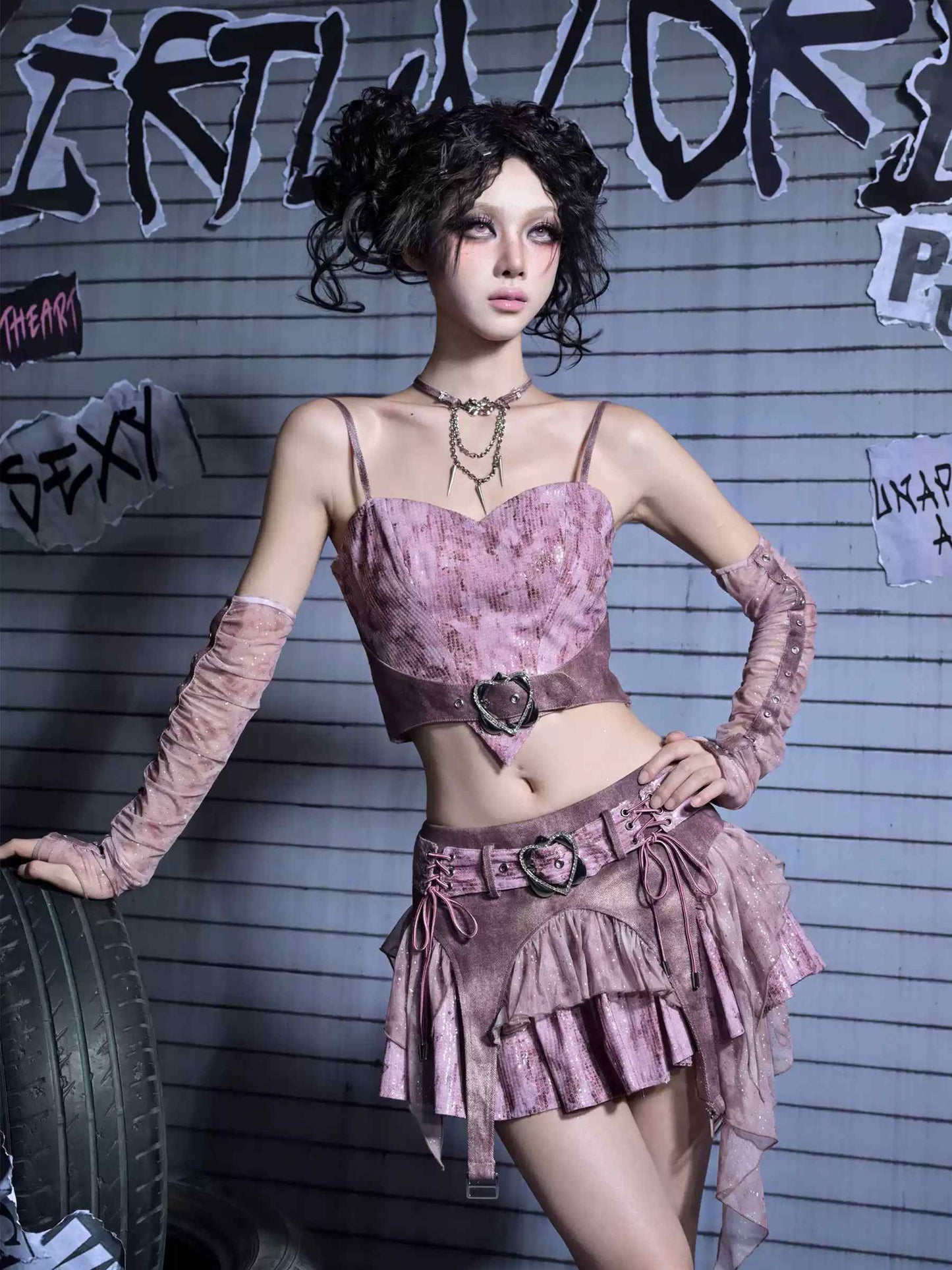 Y2K Edgy Rivet Denim Set with Leg Harness LE1021