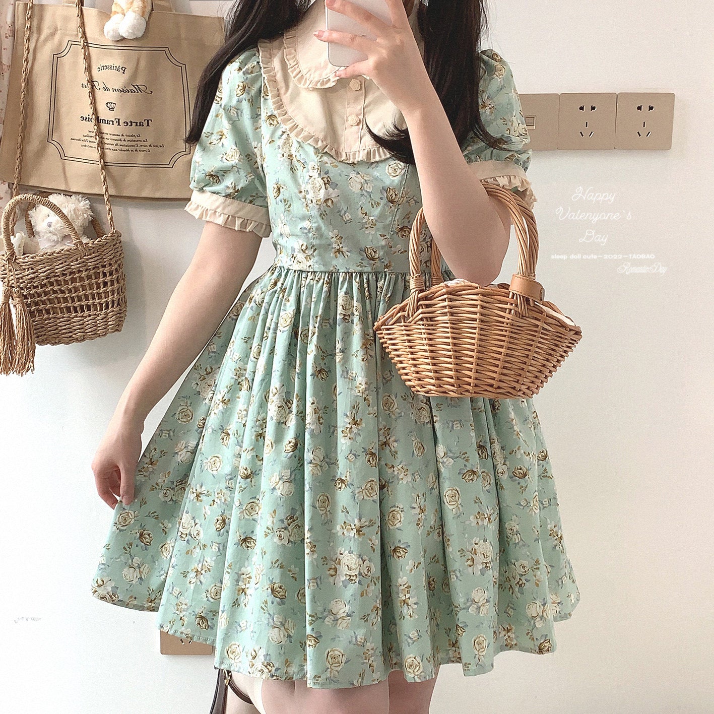 Kingfisher Garden Mint Rose Print Cotton Classic Lolita Dress and Shirt Series