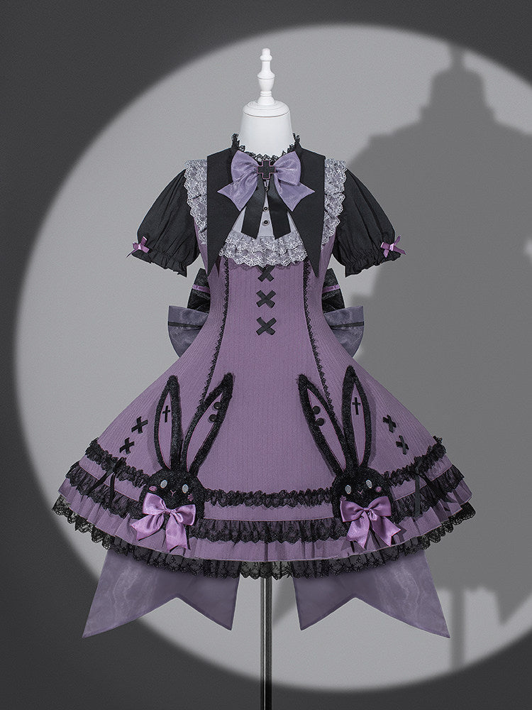 Dark Bunny Striped Gothic Lolita Dress with Rabbit Ear Hat and Tail