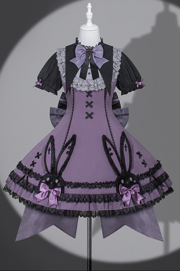 Dark Bunny Striped Gothic Lolita Dress with Rabbit Ear Hat and Tail