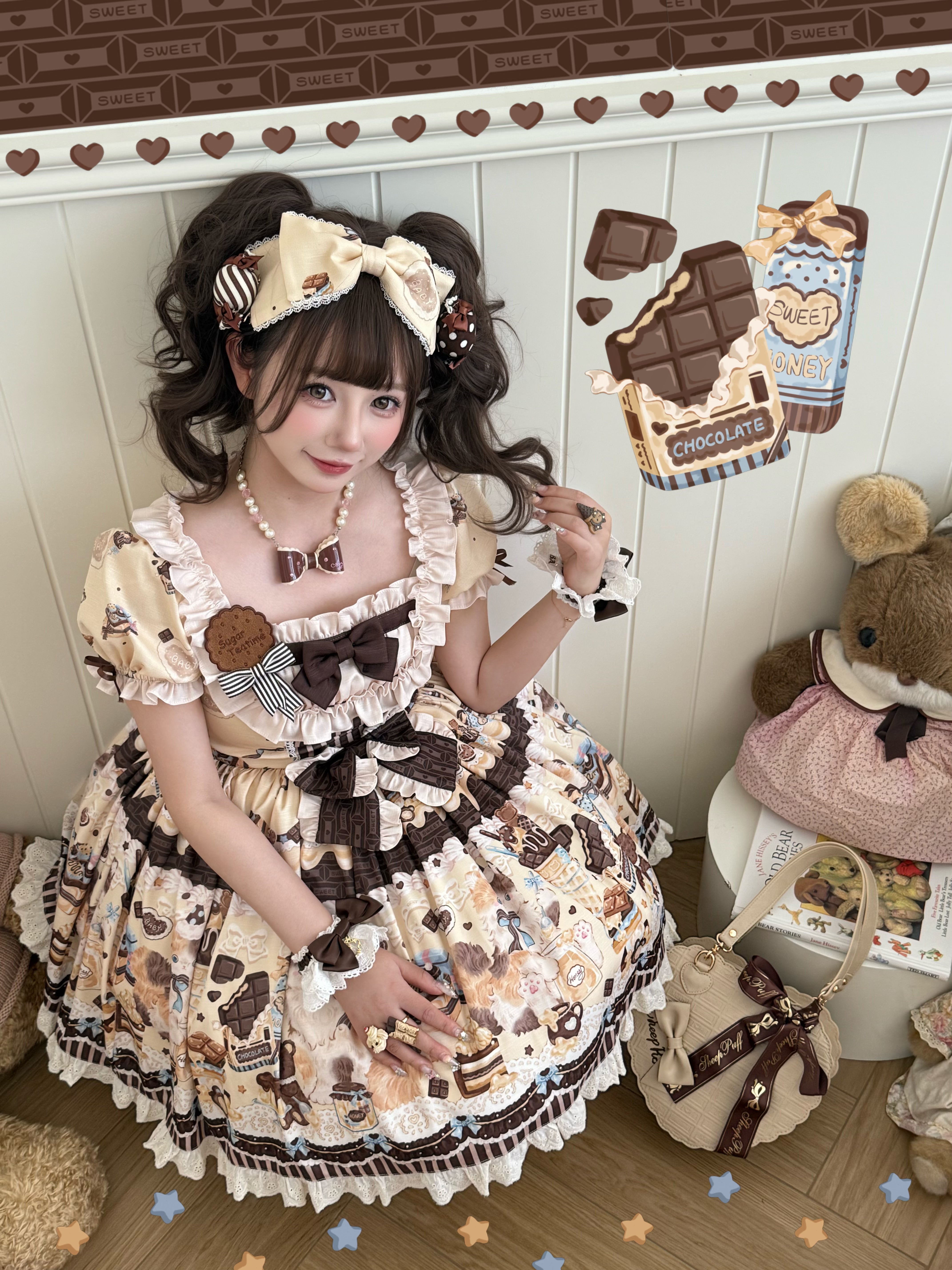 Chocolate Cake Party Mint Green Beige Honey Cat Print Sweet Lolita JSK Dress
