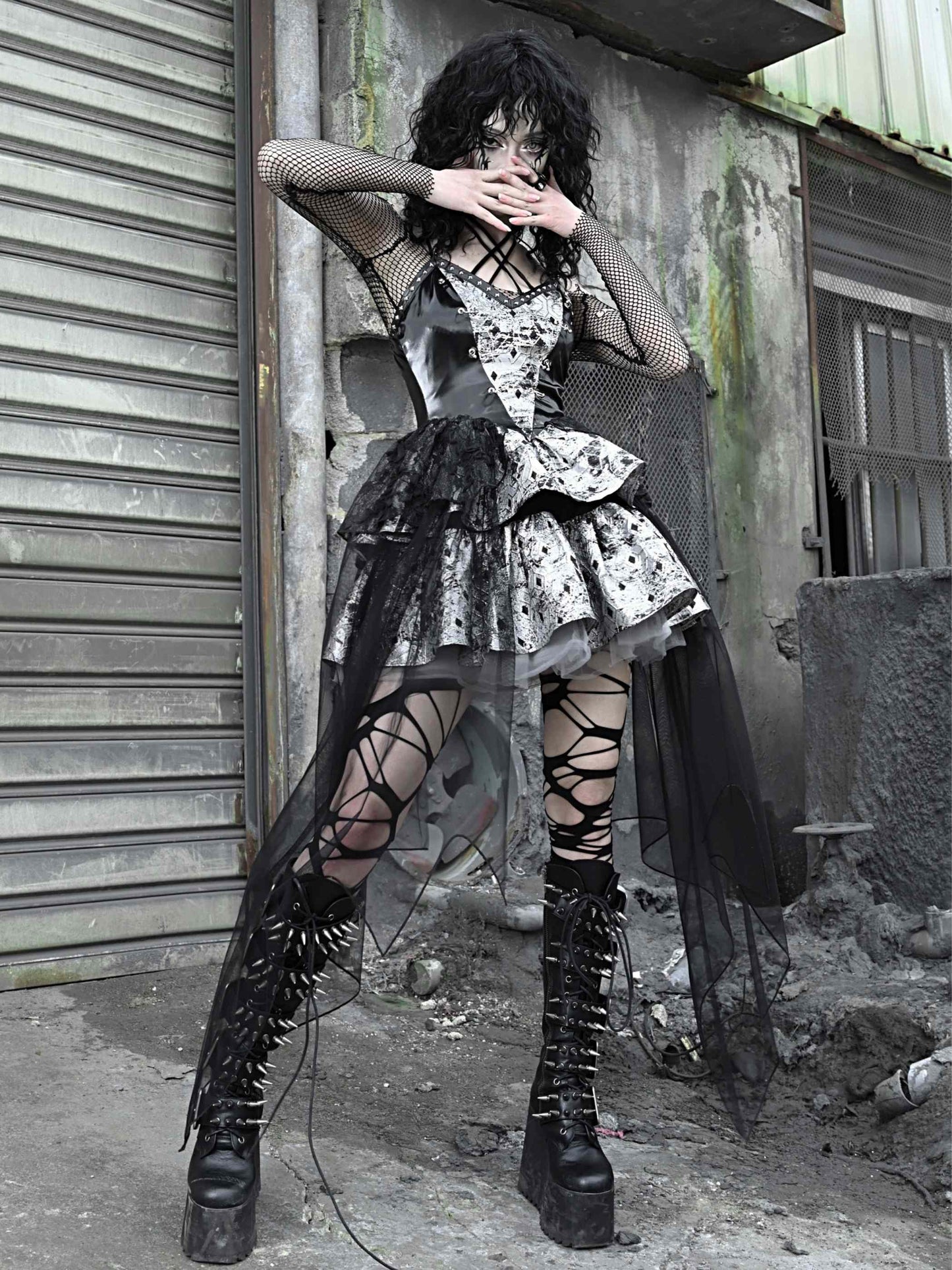 Lolita Punk Halter Dress with PU Leather Fishnet LG1017
