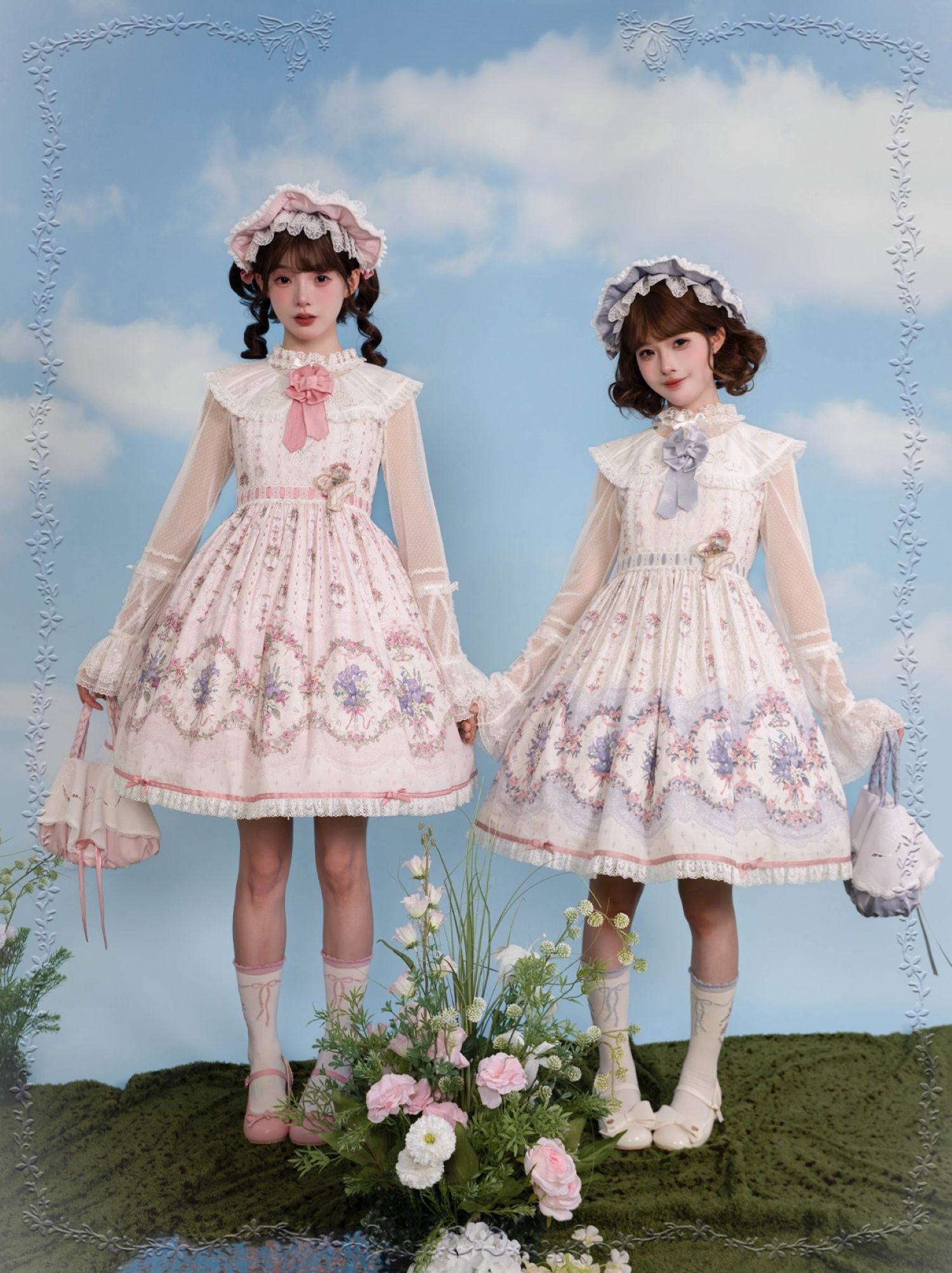 Iris Clock Lolita Flutter Sleeves Printed OP & Cut‑Work Embroidered Lapel JSK
