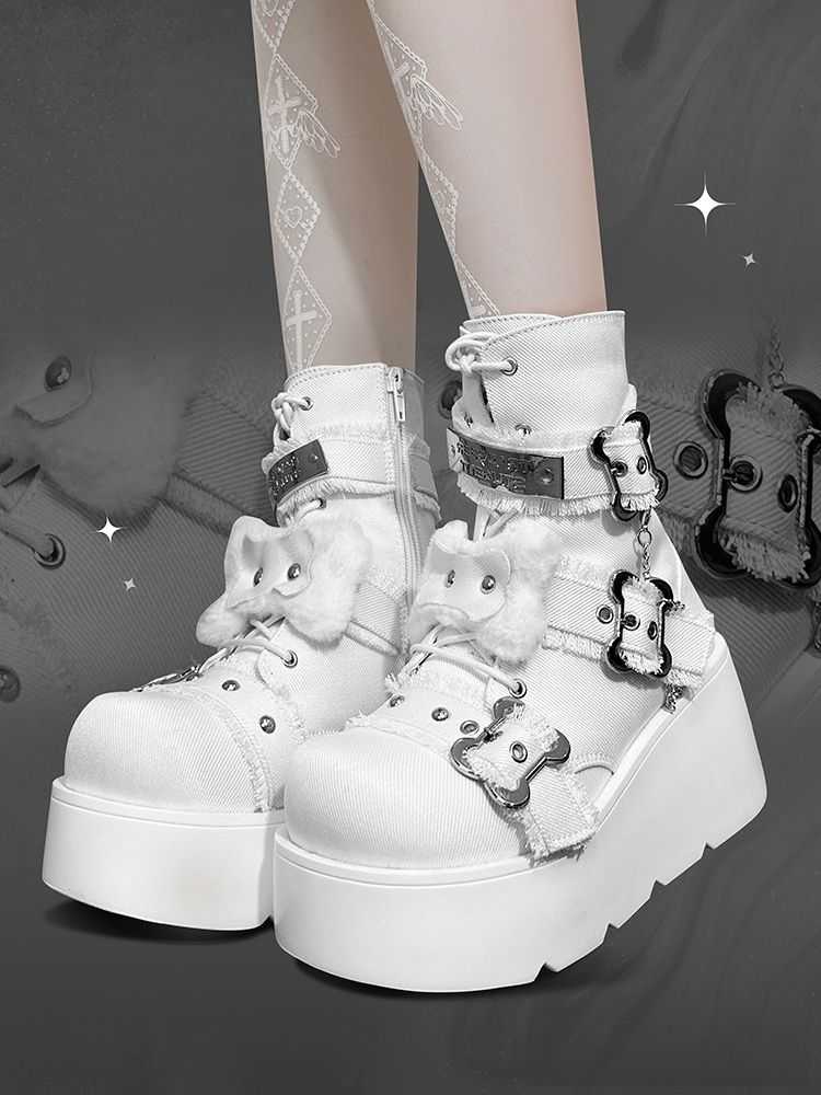 Bone Motif Denim Ankle Boots