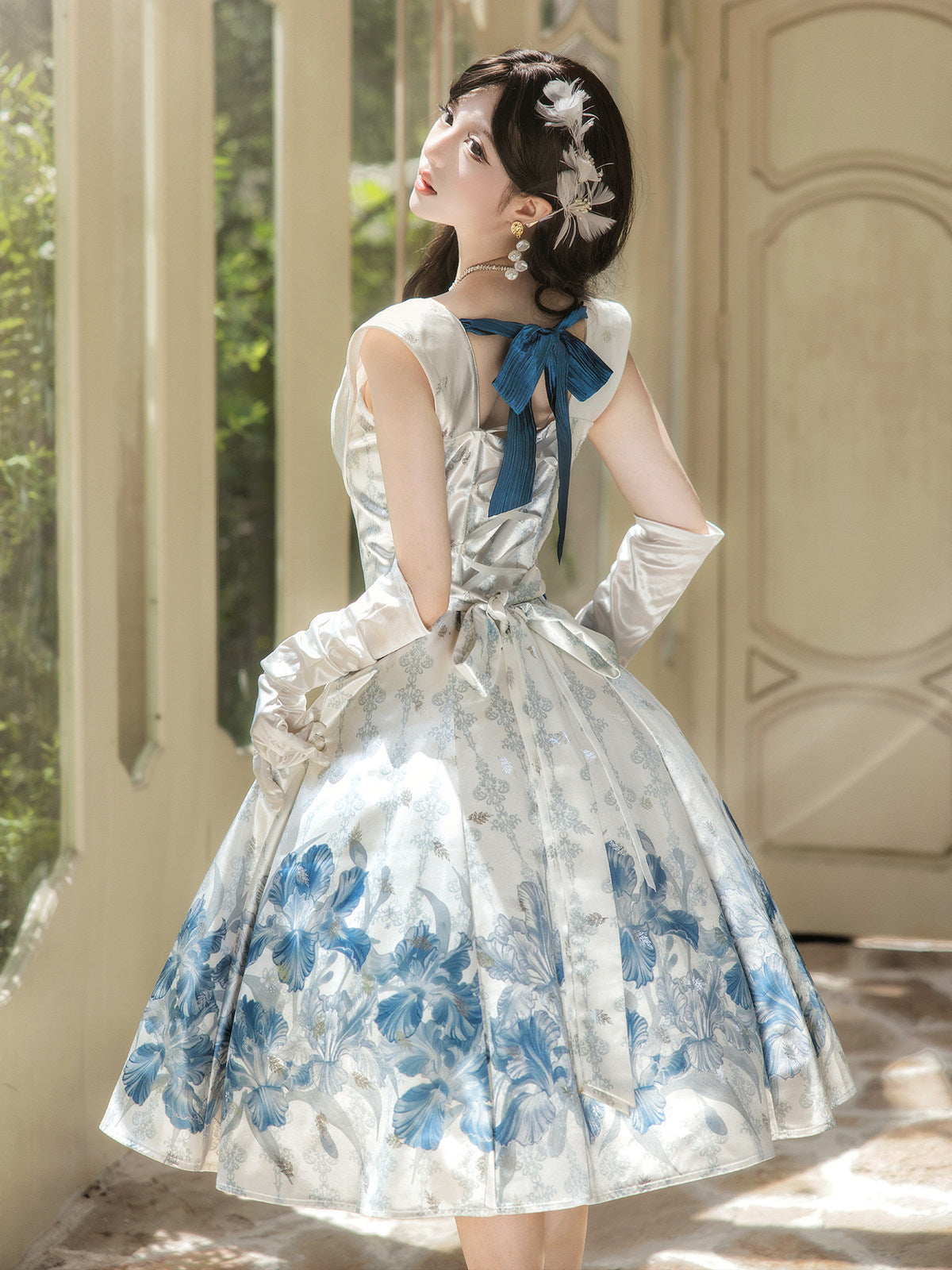 Iris Holiday Ivory Blue Jacquard Satin Classic Lolita Dress
