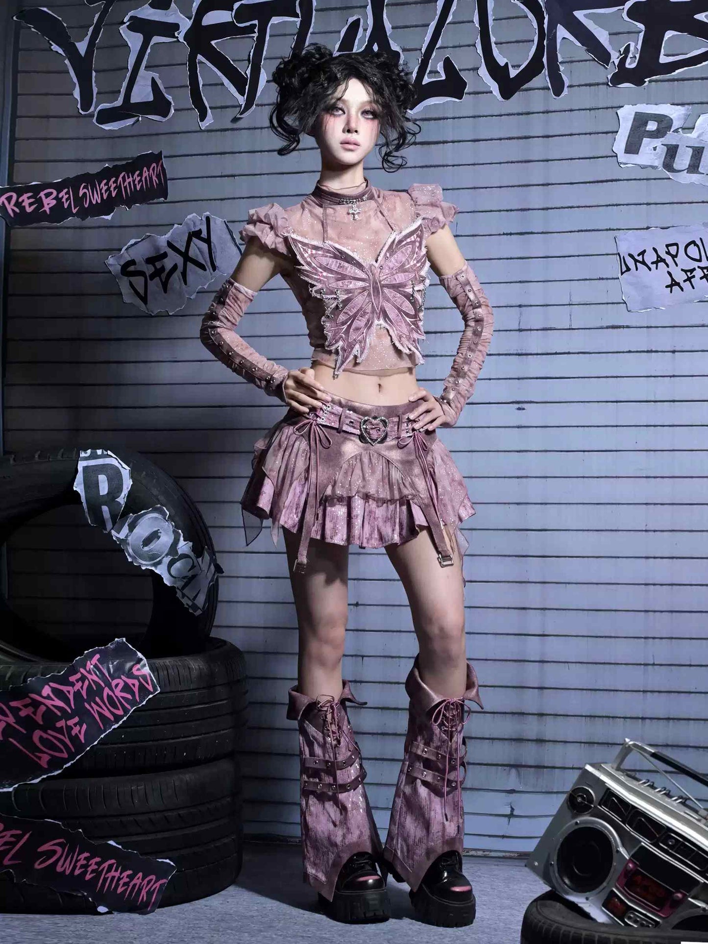 Y2K Edgy Rivet Denim Set with Leg Harness LE1021