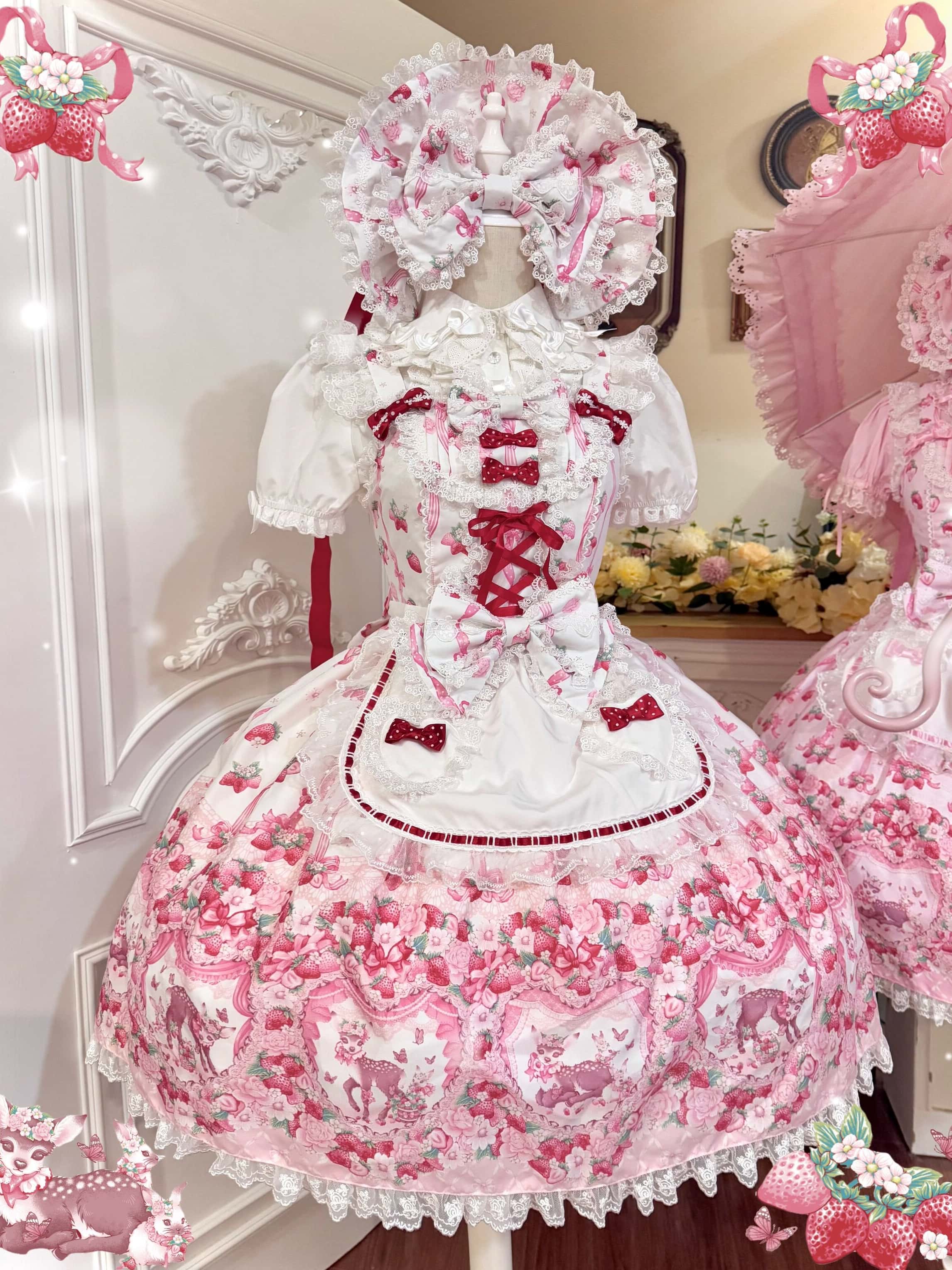 Deer Strawberry Garden Old-School Strawberry Print Lolita JSK