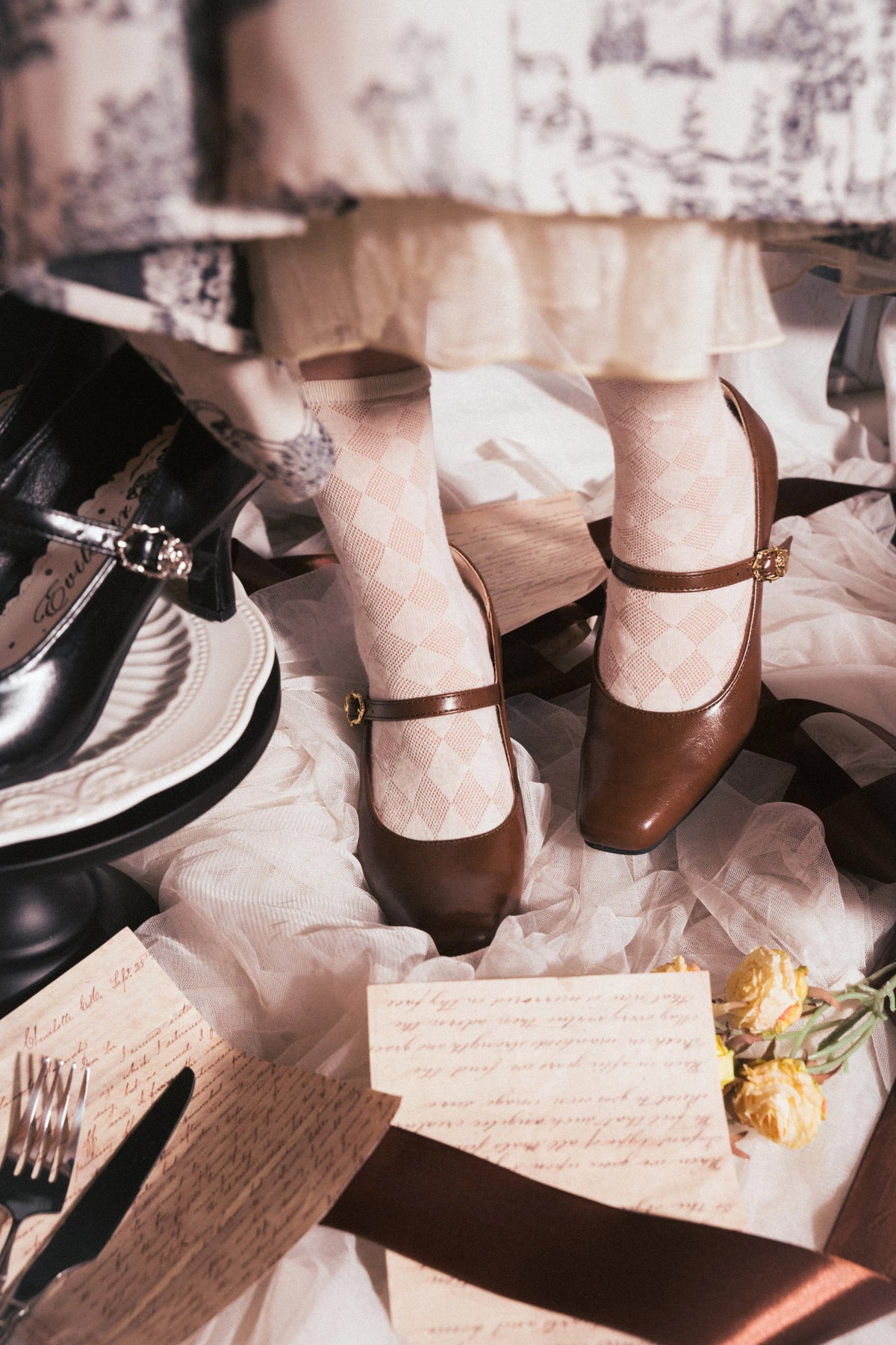 Afternoon Tea Vintage Bow Square Toe Mid Heel Lolita Mary Jane Pumps